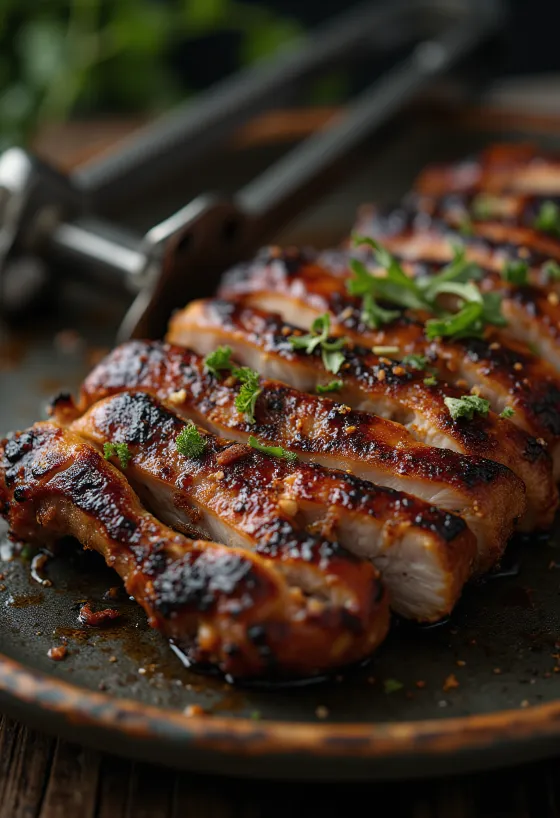 BBQ sertéstarja friss salátával és grillezett zöldségekkel tálalva