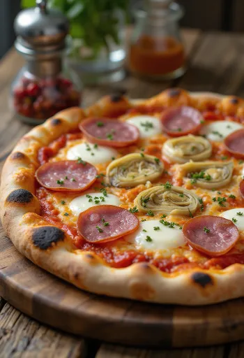 Capricciosa pizza szalámival tálalva
