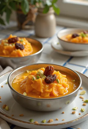 Carrot payasam, friss pistáciával és mazsolával díszítve
