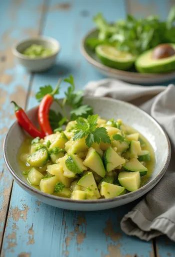 Ceviche Vegano, avokádóval és lime-lével tálalva