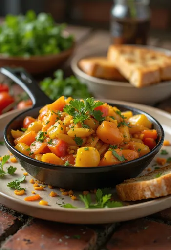 Chakalaka curry fűszerrel, gazdag zöldségekkel és fűszerekkel tálalva, friss korianderrel díszítve