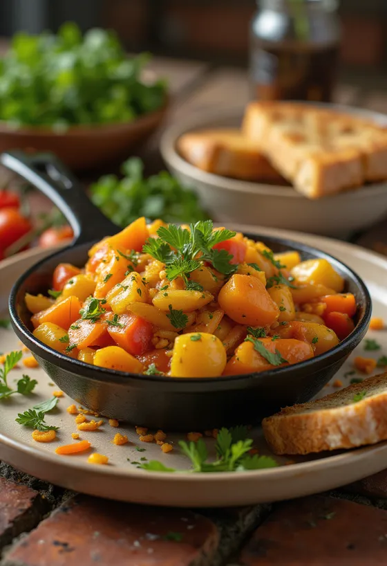 Chakalaka curry fűszerrel, gazdag zöldségekkel és fűszerekkel tálalva, friss korianderrel díszítve
