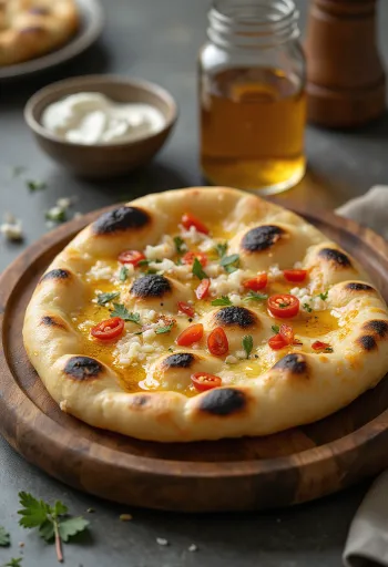 Chilis naan friss, chili darabokkal díszítve, melegen tálalva