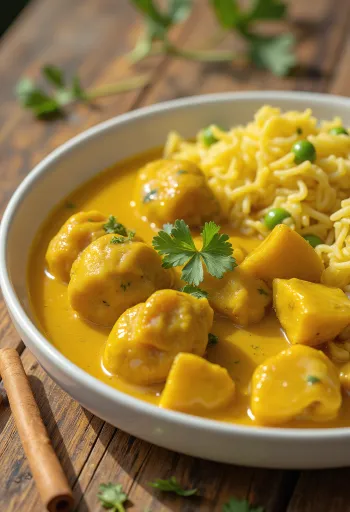 Csirke curry fűszeres rizzsel tálalva