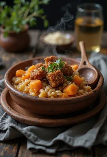 Cuchuco con chicharrón, ropogós sertéshússal és fűszeres zöldségekkel