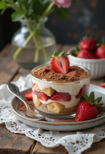 Epres tiramisu rétegezett piskótával és mascarpone krémmel, friss eperrel díszítve