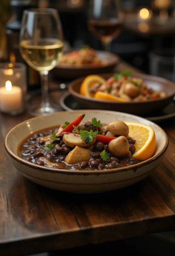 Feijoada füstölt gombával tálalva, friss korianderrel és főtt rizzsel
