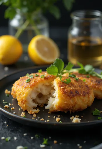 Fishcake füstölt hallal, póréhagymával és friss petrezselyemmel tálalva