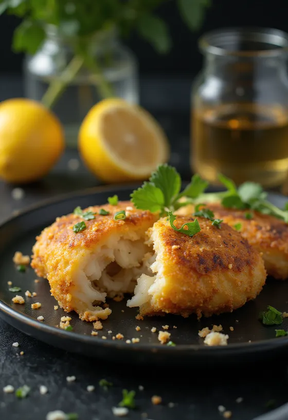 Fishcake füstölt hallal, póréhagymával és friss petrezselyemmel tálalva