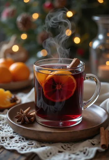 Egy pohár forralt bor narancsszeletekkel és fahéjjal díszítve.