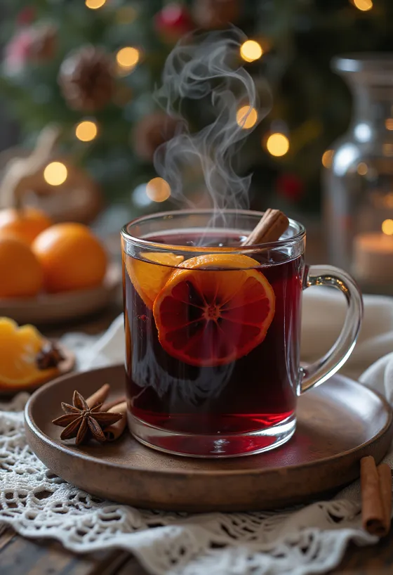 Egy pohár forralt bor narancsszeletekkel és fahéjjal díszítve.