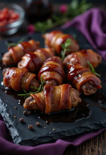 Füstölt BBQ csirkemáj baconbe tekerve tálalva