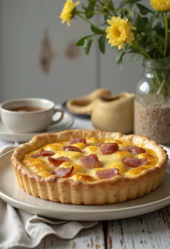 Füstölt sajtos és sonkás quiche szeletelve rusztikus tálalásban