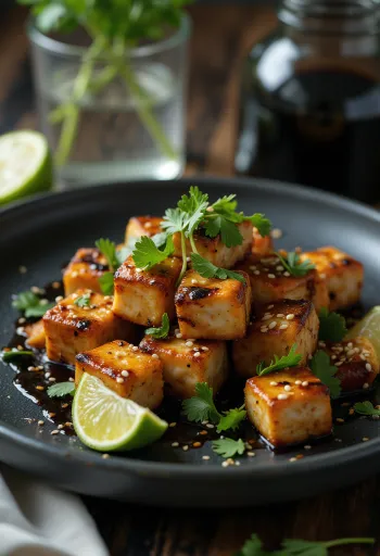Fűszeres tofu lime-mal tálalva, szezámmaggal és korianderrel megszórva