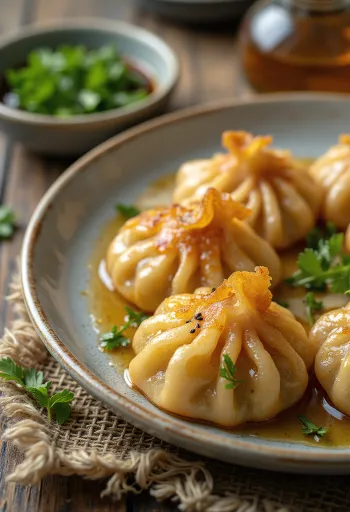 Gyoza csicseriborsóval, japán töltött tészta friss korianderrel díszítve