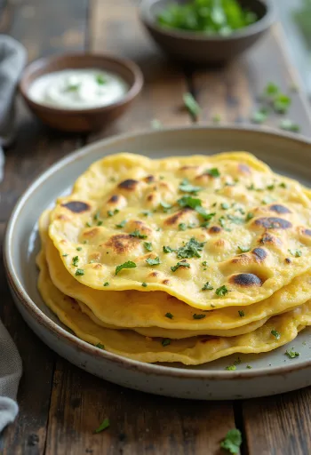 Kasoori Methi Thepla, egy tálban frissen sült fűszeres lepény, korianderrel díszítve