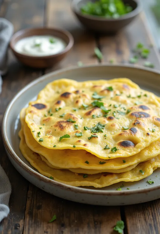 Kasoori Methi Thepla, egy tálban frissen sült fűszeres lepény, korianderrel díszítve