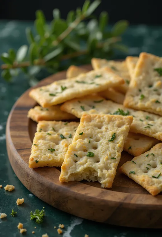 Knäckebröd fűszernövényekkel, friss bazsalikommal díszítve