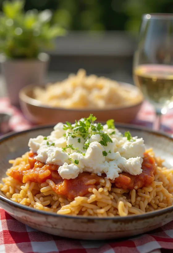 Koshari túróval, egyiptomi étel rizsből, lencséből és makaróniból, gazdag paradicsomos szószban, túróval