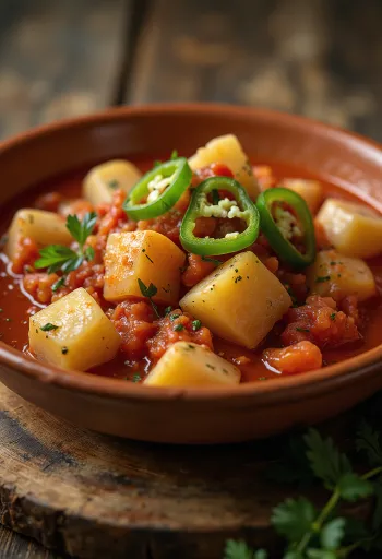 Marmitako de atún, egy tálban tálalva, friss tonhallal és zöldségekkel