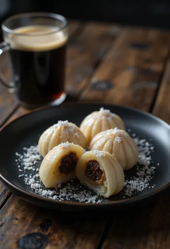 Mochi kávékrémmel, rizsliszttel és kávékrém öntettel