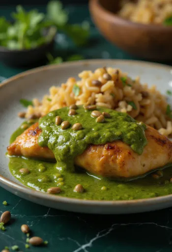 Mole verde tálalva, zöld chilik és tökmagok díszítik
