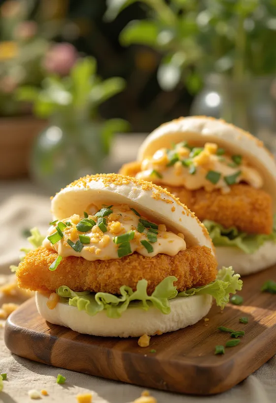 Panko morzsás ropogós halas bao bun tálalva