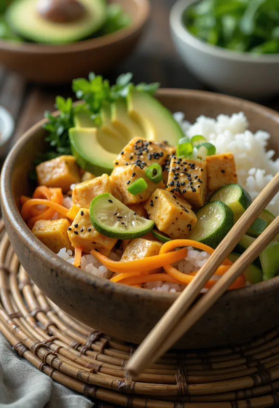 Poké bowl tofuval, friss zöldségekkel és avokádóval tálalva, szezámmaggal megszórva.