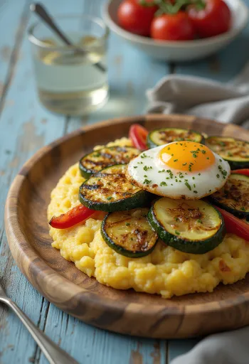 Polenta grillezett zöldségekkel, tányéron tálalva, színes zöldségszeletekkel a tetején
