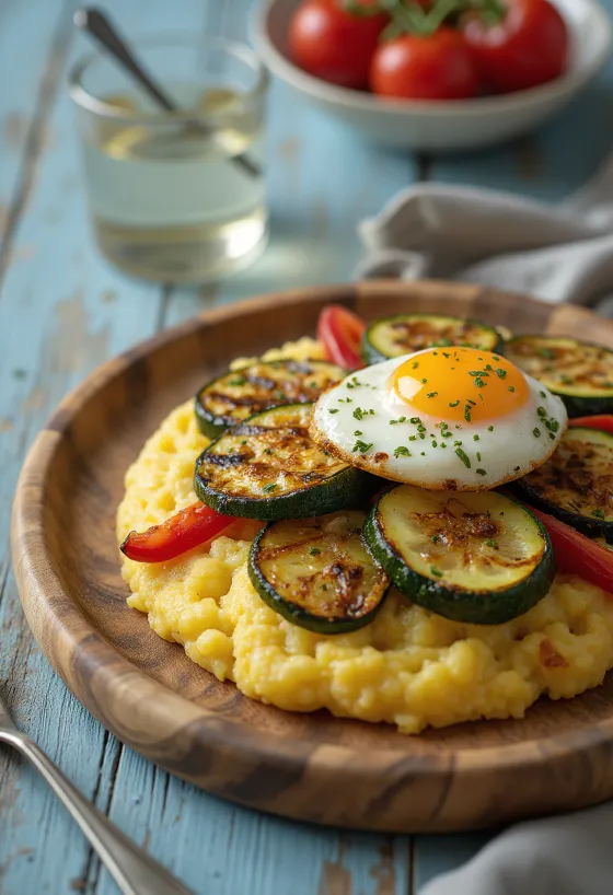 Polenta grillezett zöldségekkel, tányéron tálalva, színes zöldségszeletekkel a tetején