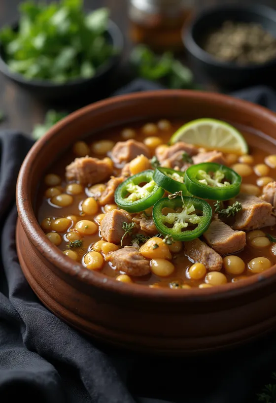 Pozole de Cerdo, mexikói sertéshúsos leves hominy kukoricával, lime-mal és jalapeñóval