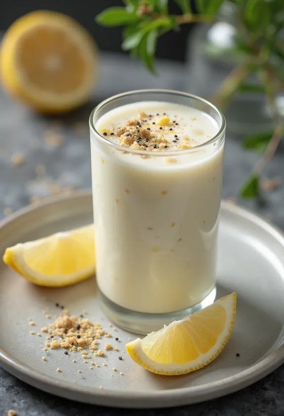 Probiotikus gyömbéres-borsos kefir pohárban tálalva, mellette reszelt gyömbér és fekete bors