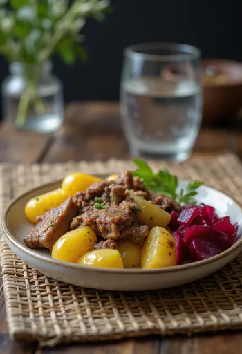 Pyttipanna tükörtojással és savanyított céklával tálalva