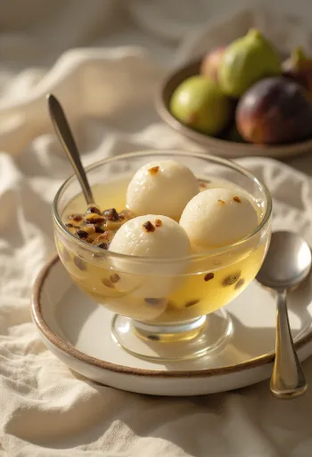 Fügés Rasgulla, füges szirupban úszó túrós golyókkal