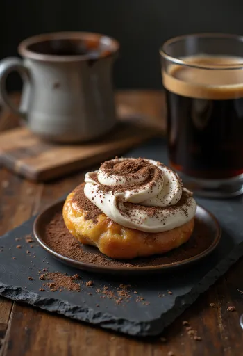 Semlor tiramisu ízesítéssel, friss sült semlor, tiramisu krémmel és sült mandulával