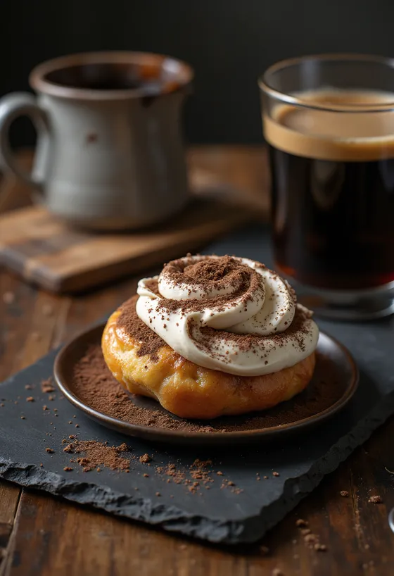 Semlor tiramisu ízesítéssel, friss sült semlor, tiramisu krémmel és sült mandulával