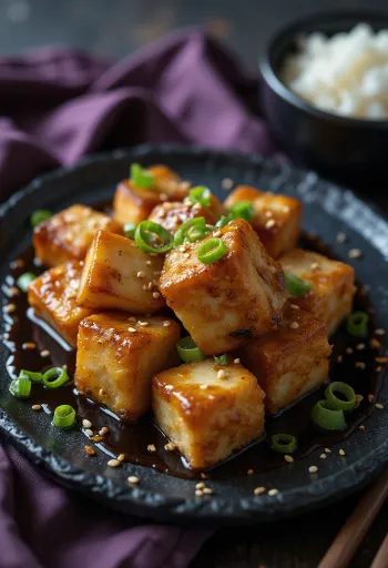 Sült tofu szójás pácban tálalva