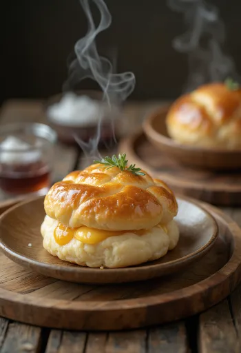 Tokaji boros-marcipános bao bun tálalva