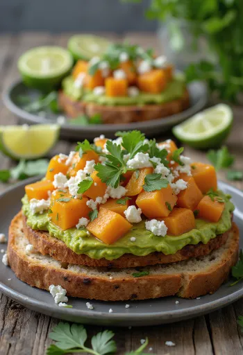 Tostada édesburgonyával, avokádóval és feta sajttal, friss korianderrel díszítve