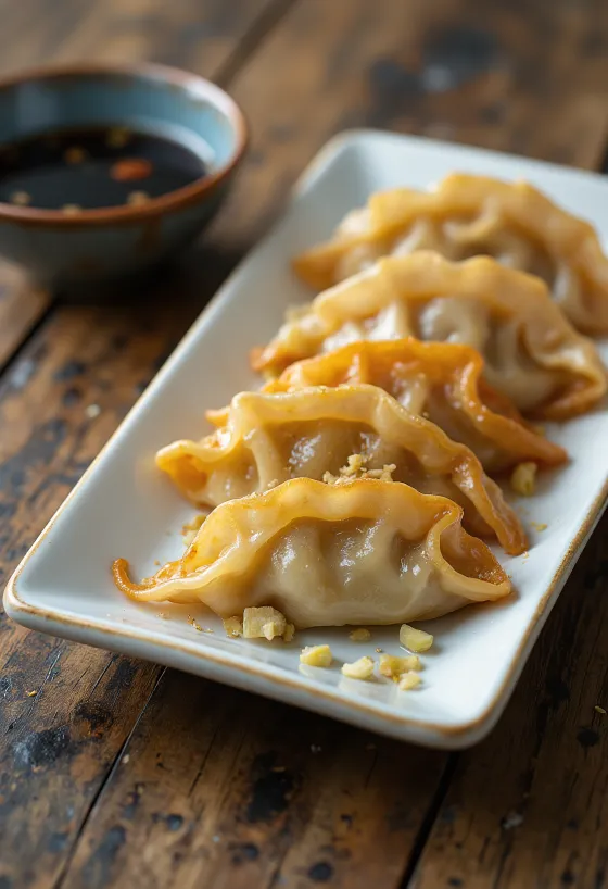 Turkey Gyoza tálalva pulykahúsos-zöldséges töltelékkel és szójaszószos mártogatóval