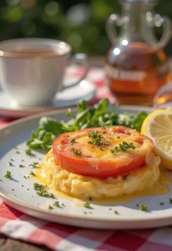 Welsh rarebit paradicsommal tálalva, sajtos szószban, pirítós kenyér tetején, friss paradicsom darabokkal