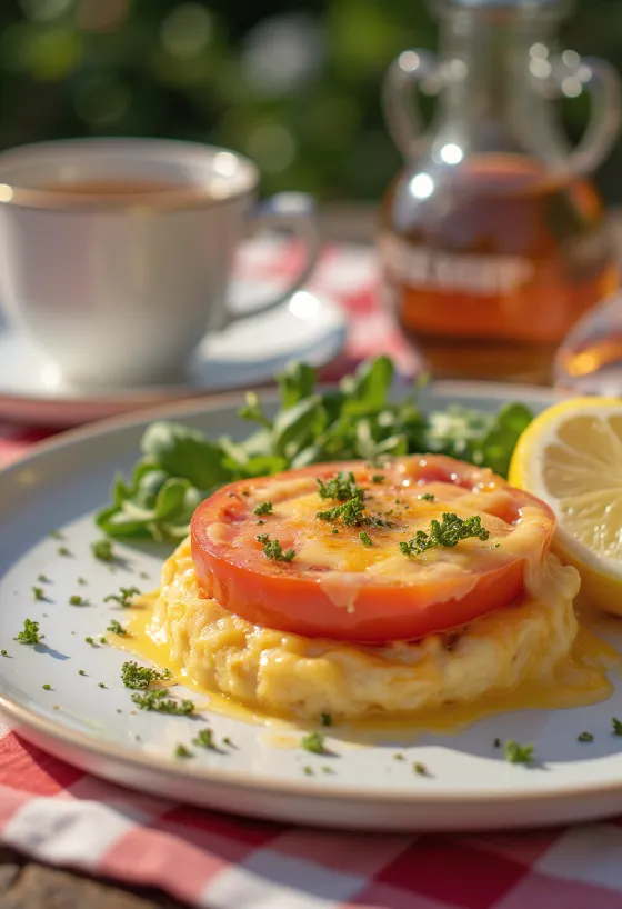 Welsh rarebit paradicsommal tálalva, sajtos szószban, pirítós kenyér tetején, friss paradicsom darabokkal