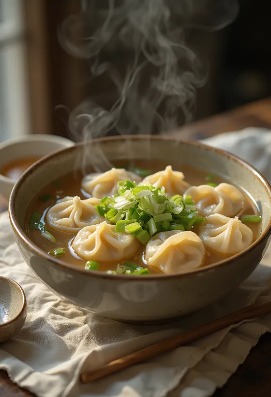Yuba wonton leves, friss korianderrel és zöldhagymával tálalva