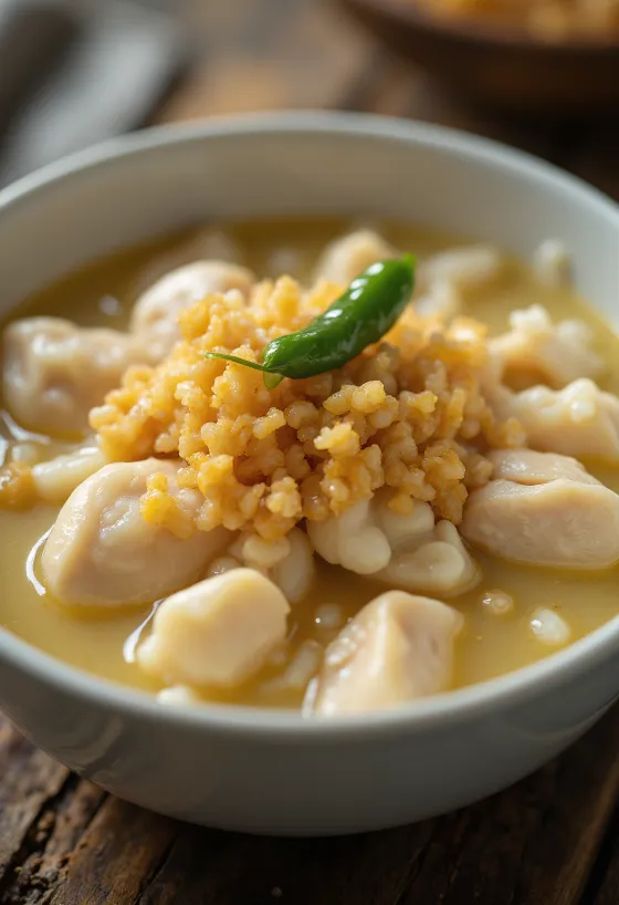 Arroz Caldo fokhagymás, gazdag rizses leves csirkehússal és friss korianderrel
