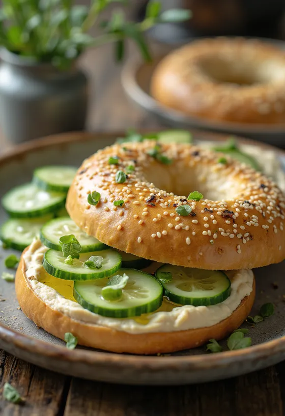 Bagel hummusszal és friss uborkával, petrezselyemmel díszítve