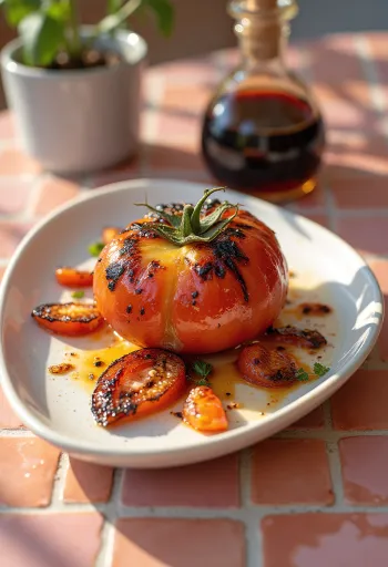 BBQ grillezett bazsalikomos paradicsom tálalva