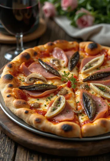 Capricciosa pizza szardellával tálalva