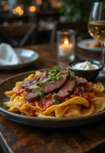 Chilaquiles con arrachera – ropogós tortilla darabok, paradicsomos szósz, reszelt sajt és tejföl, sült arrachera hússal tálalva