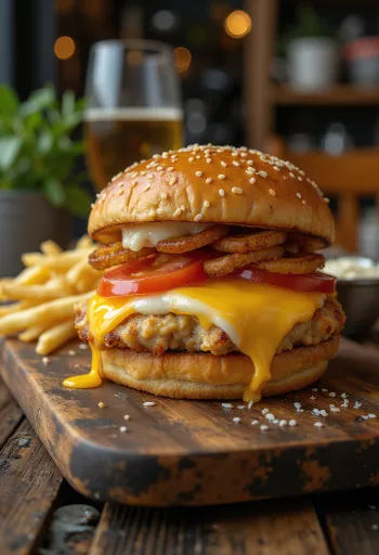 Frissen készült csirkés-sajtos hamburger cheddar, mozzarella és parmezán sajttal