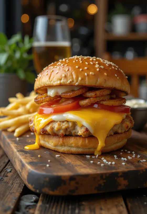 Frissen készült csirkés-sajtos hamburger cheddar, mozzarella és parmezán sajttal